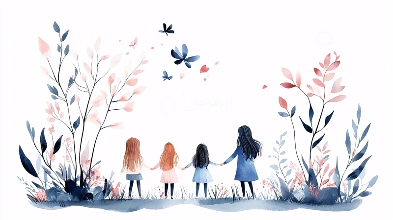 高清大图下载【趣麦麦图】手牵手的女孩们在花丛中