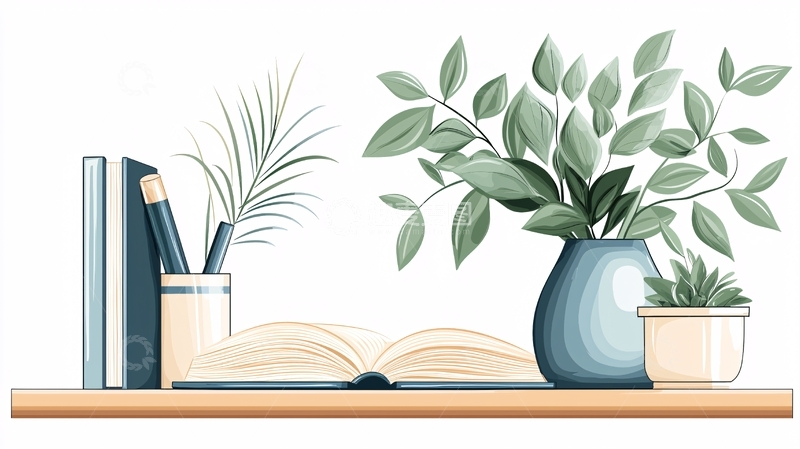 高清大图下载【趣麦麦图】书架上的绿植与书籍插画