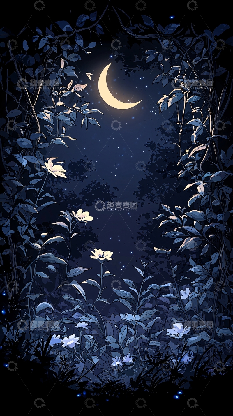 高清大图下载【趣麦麦图】夜晚森林中的月亮与花朵