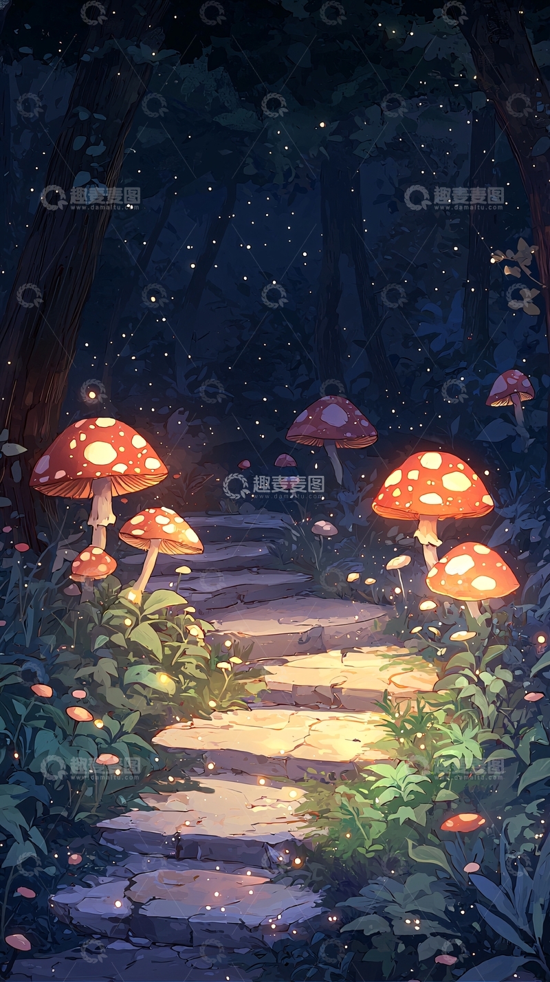高清大图下载【趣麦麦图】梦幻森林中的发光蘑菇小径