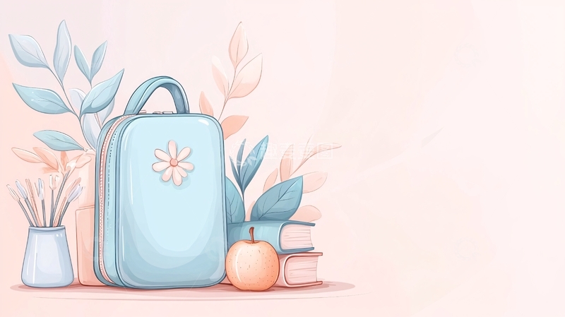 高清大图下载【趣麦麦图】蓝色背包与文具书本插画