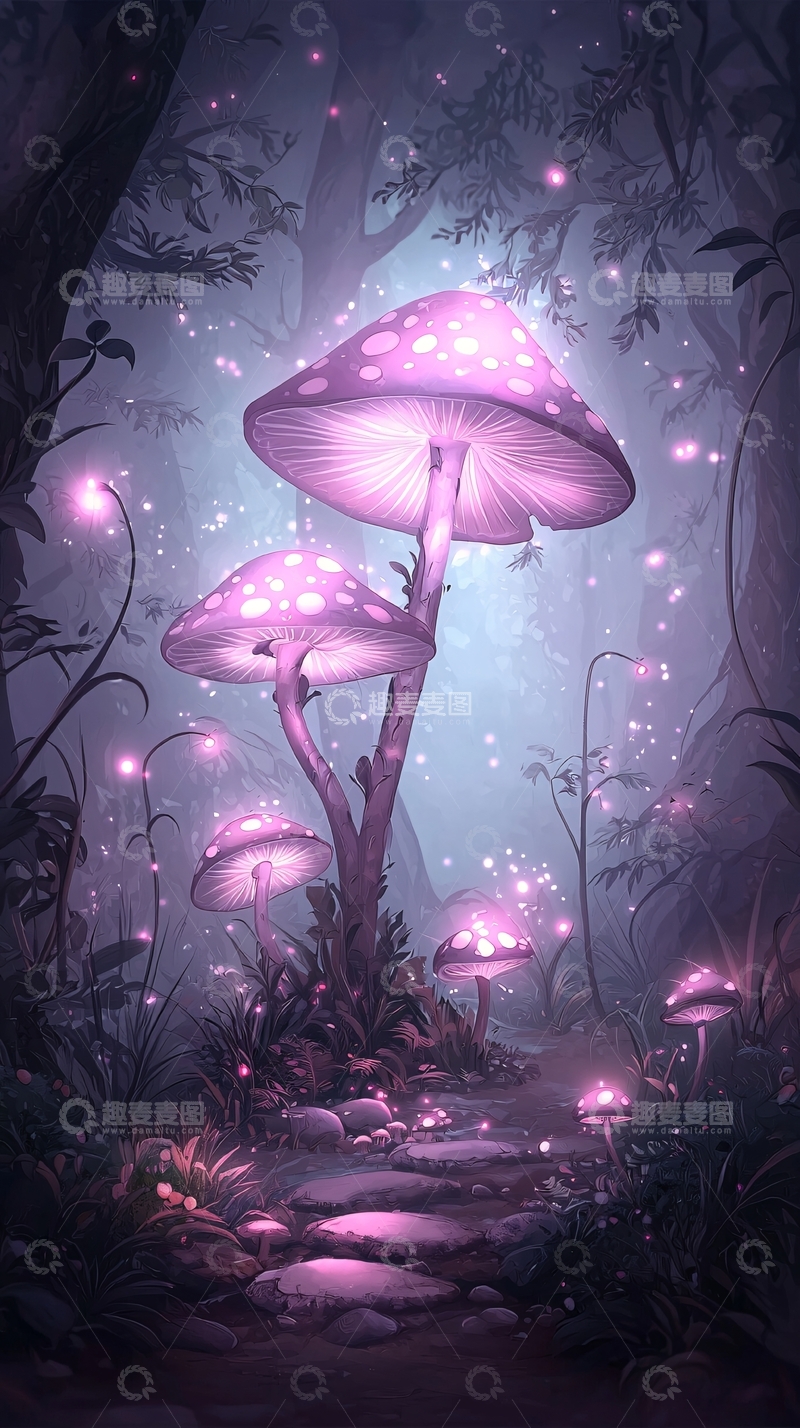 高清大图下载【趣麦麦图】梦幻森林中的发光蘑菇
