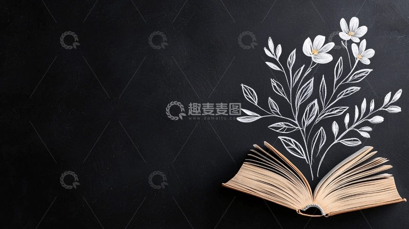 高清大图下载【趣麦麦图】黑板上的书与手绘花卉
