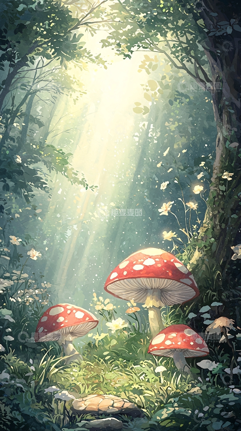 高清大图下载【趣麦麦图】梦幻森林中的红蘑菇
