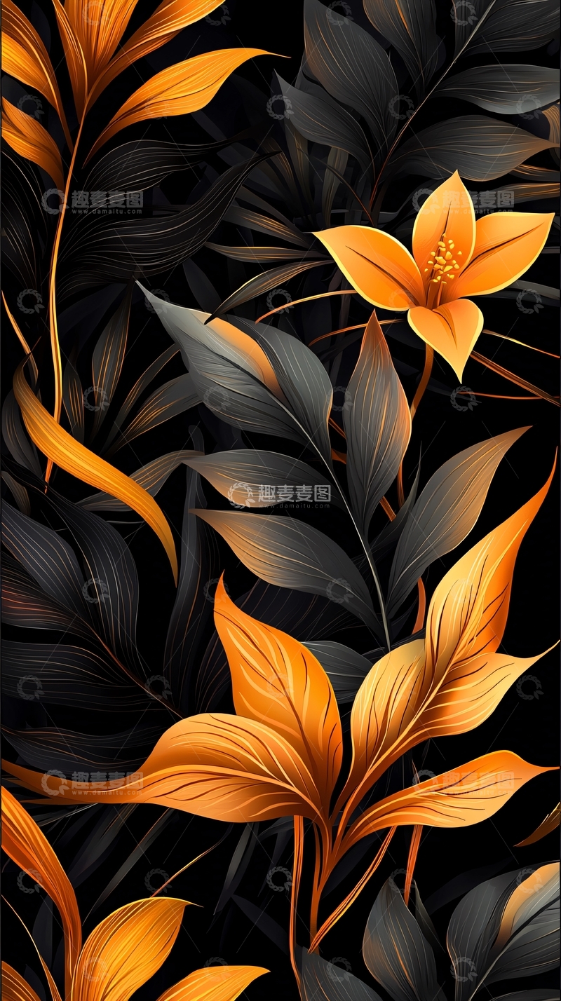 高清大图下载【趣麦麦图】金色花卉与黑色背景的艺术插画