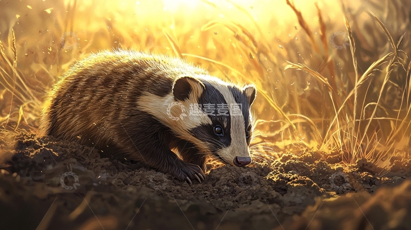 高清大图下载【趣麦麦图】夕阳下的小獾