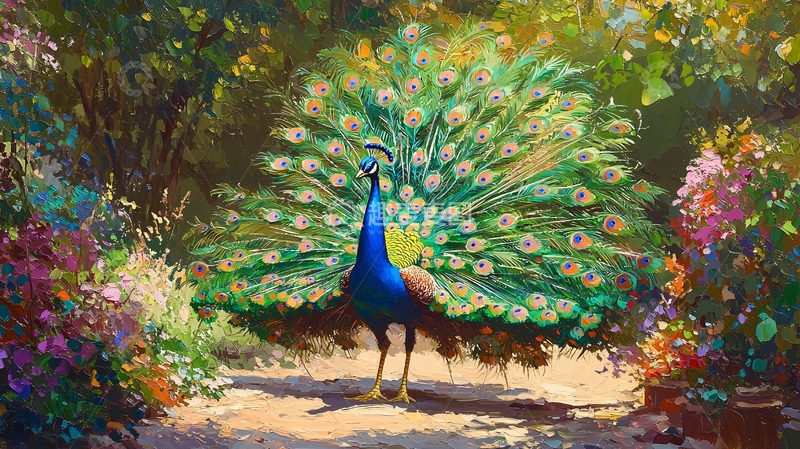 高清大图下载【趣麦麦图】孔雀开屏油画风景背景
