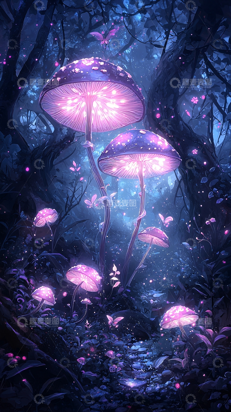 高清大图下载【趣麦麦图】梦幻森林中的发光蘑菇