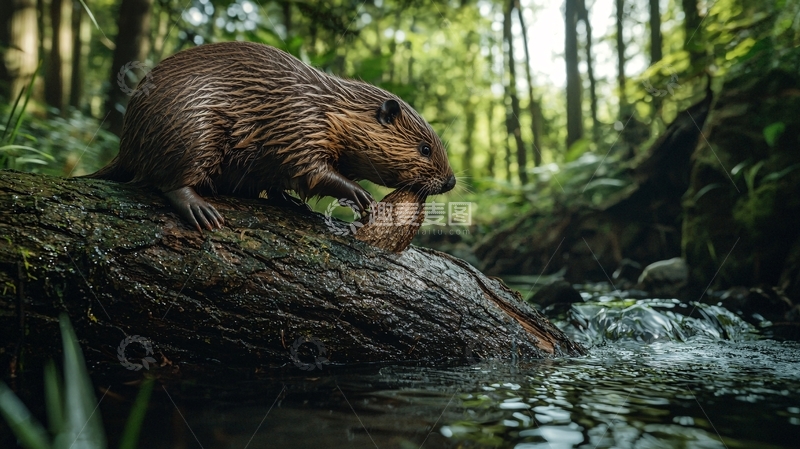 高清大图下载【趣麦麦图】森林中的河狸与木头