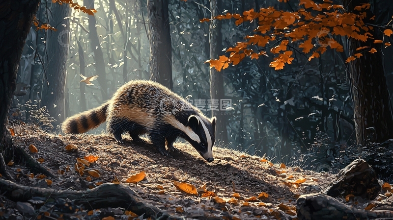 高清大图下载【趣麦麦图】秋日森林中的獾