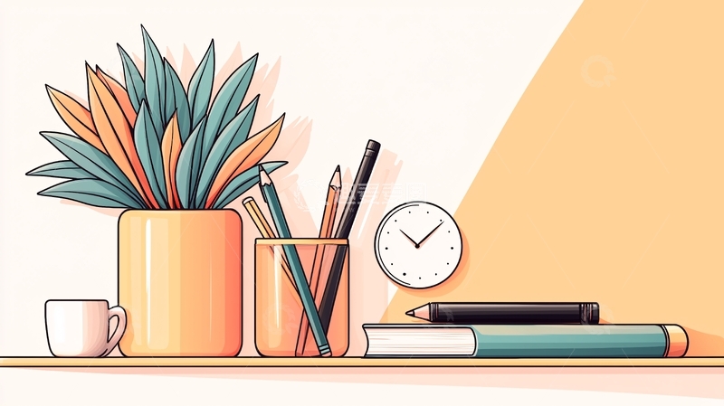 高清大图下载【趣麦麦图】办公桌上的文具与植物