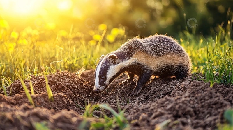 高清大图下载【趣麦麦图】夕阳下的獾在挖掘泥土