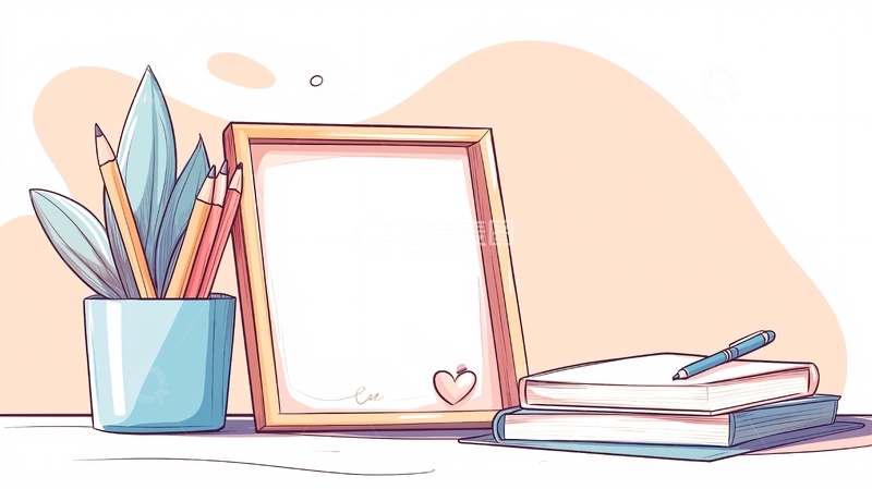 高清大图下载【趣麦麦图】创意桌面文具与相框插画