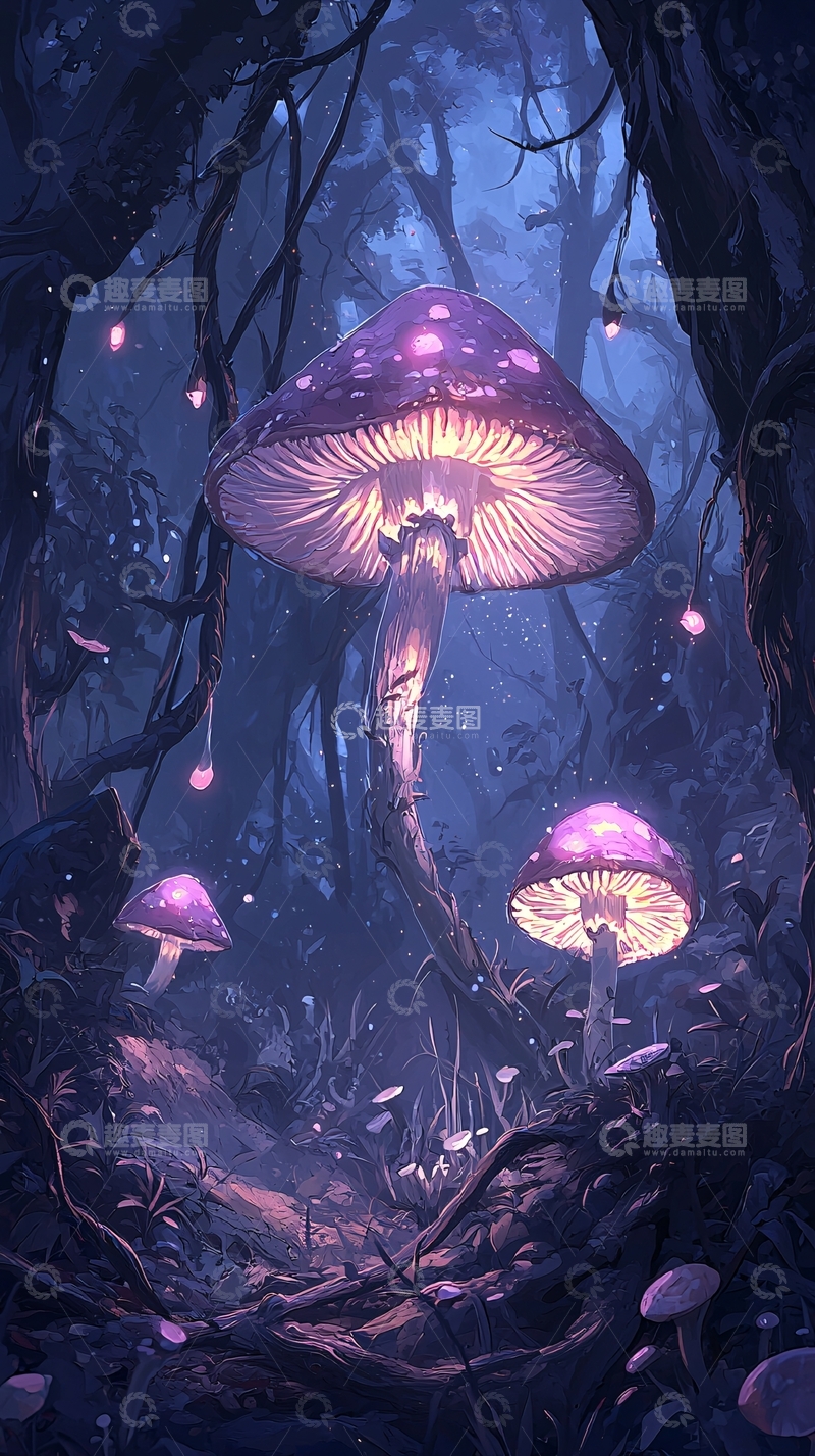 高清大图下载【趣麦麦图】神秘森林中的发光蘑菇