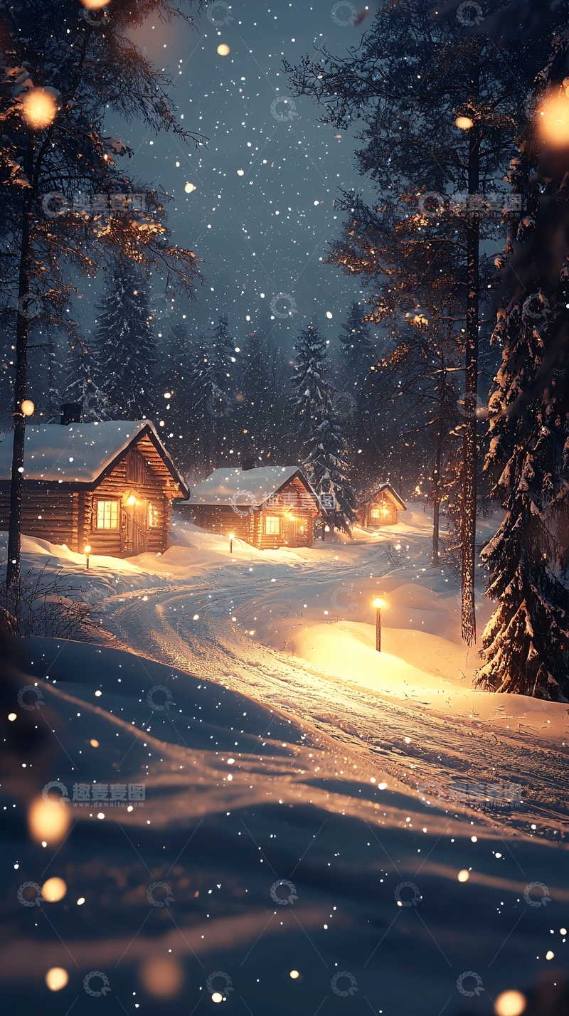 高清大图下载【趣麦麦图】冬夜雪景中的小木屋