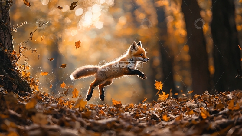 高清大图下载【趣麦麦图】秋日森林中的狐狸跳跃瞬间