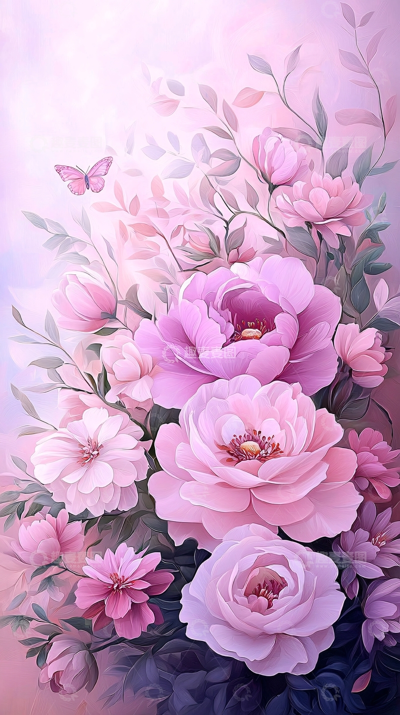 高清大图下载【趣麦麦图】粉色花朵与蝴蝶的艺术插画