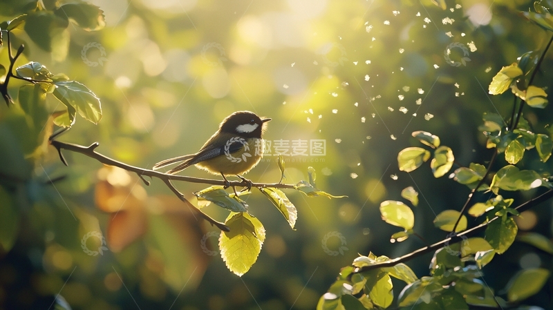 高清大图下载【趣麦麦图】阳光下的小鸟与树叶