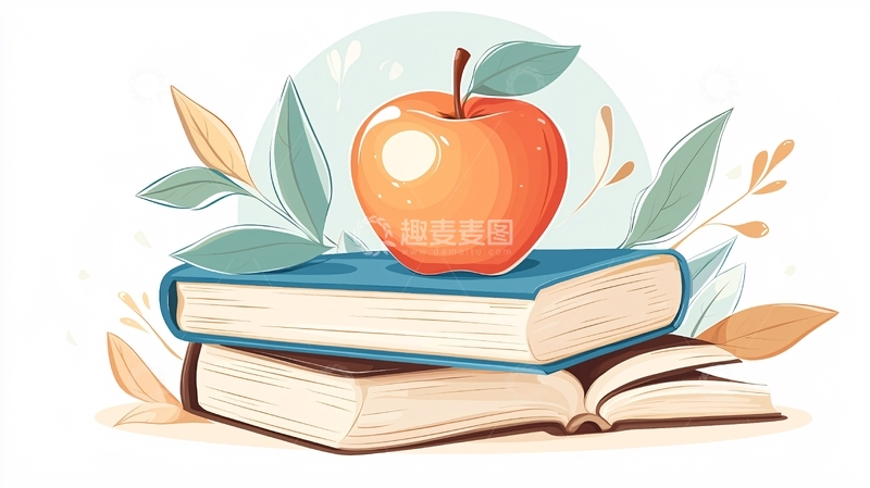 高清大图下载【趣麦麦图】书本与苹果插画素材