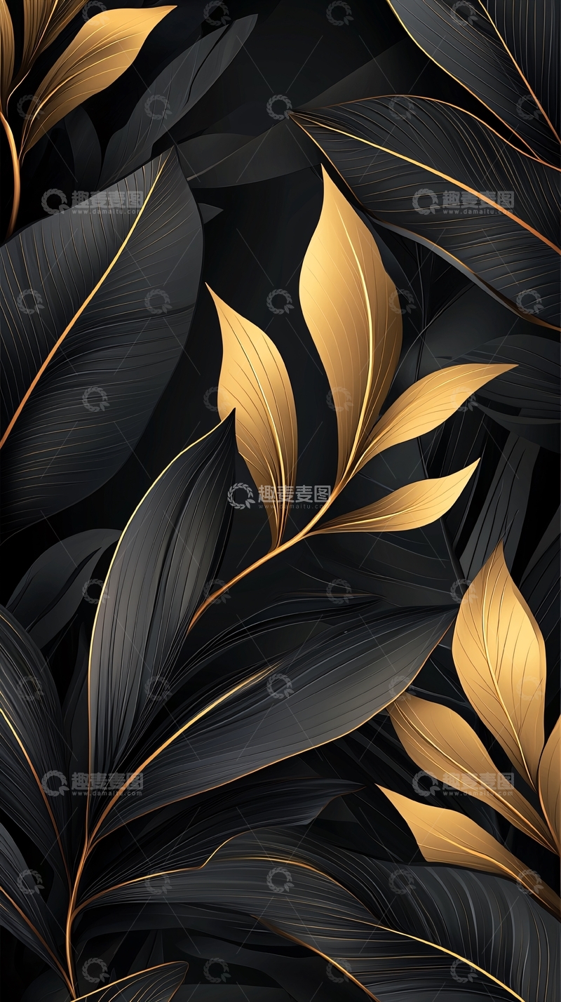 高清大图下载【趣麦麦图】金色叶子黑色背景艺术图案