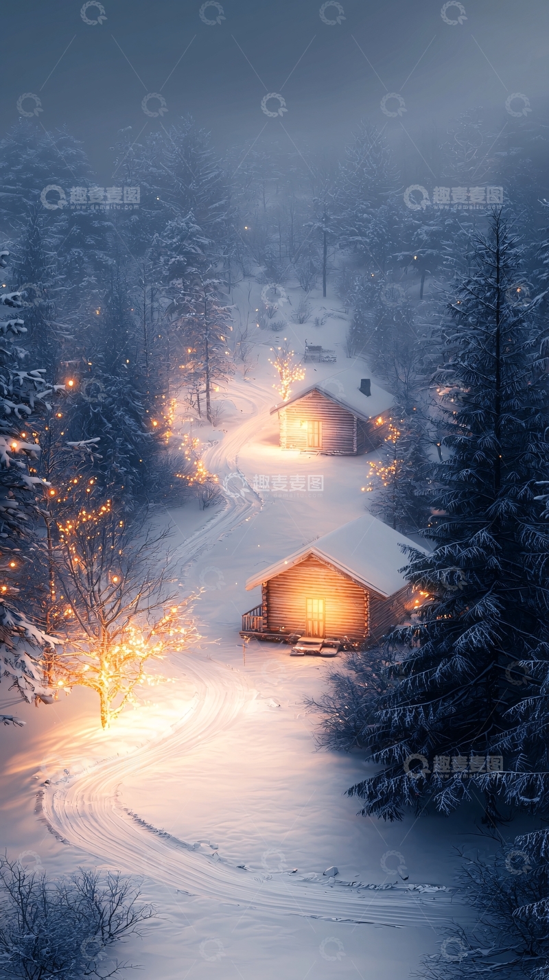 高清大图下载【趣麦麦图】冬夜雪景中的小木屋
