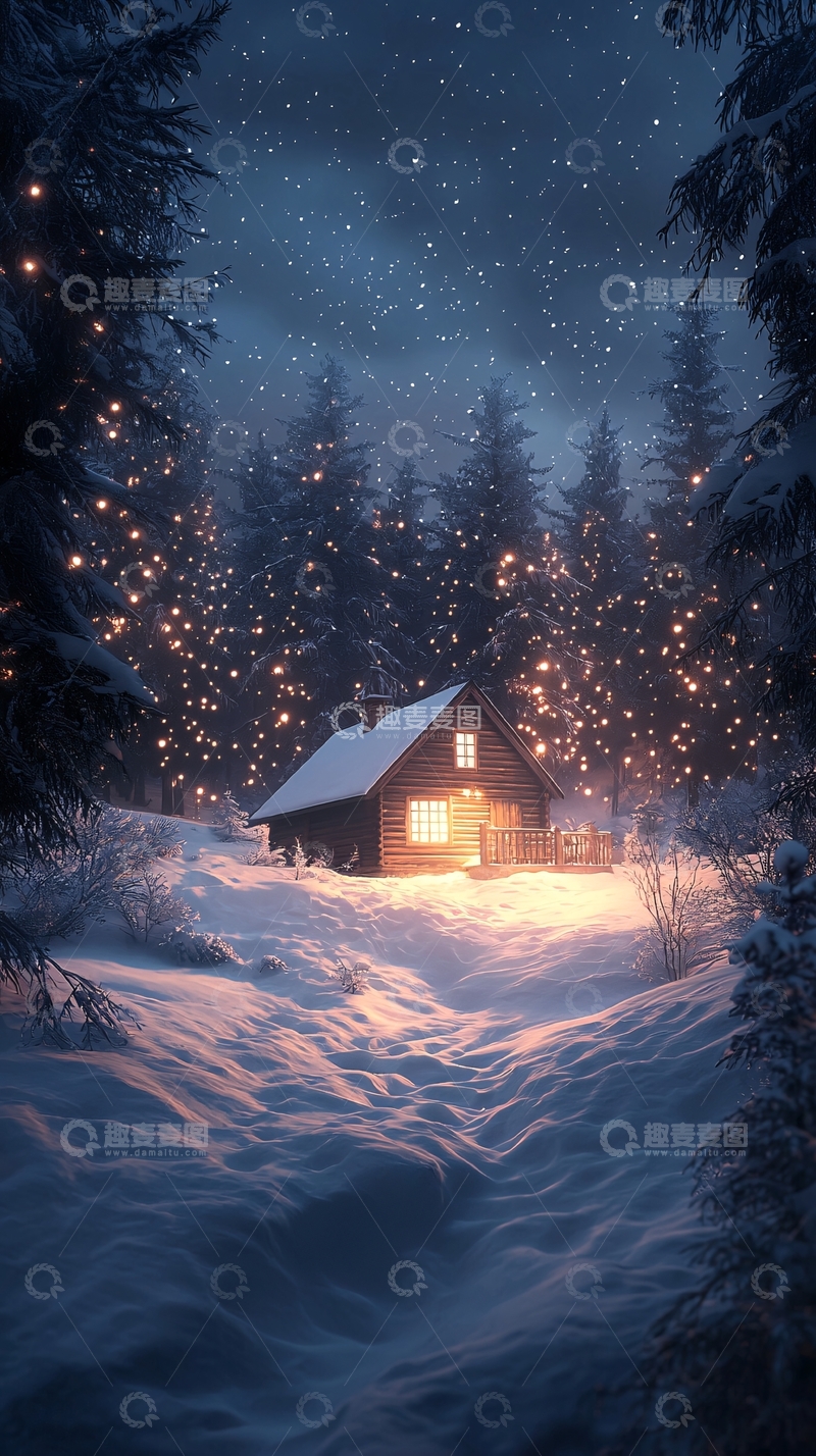 高清大图下载【趣麦麦图】冬夜小屋雪景