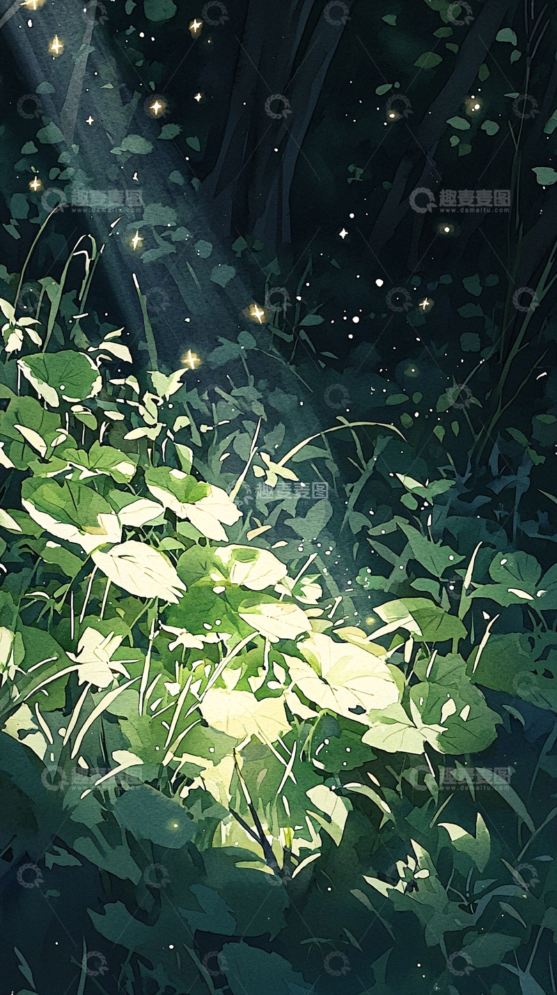 高清大图下载【趣麦麦图】夜晚森林萤火虫