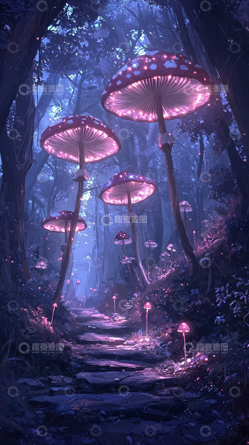 高清大图下载【趣麦麦图】梦幻森林中的发光蘑菇