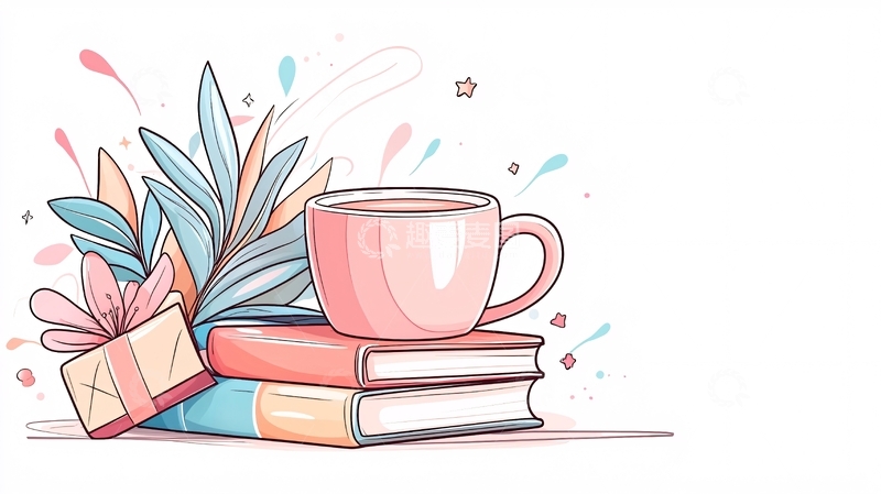 高清大图下载【趣麦麦图】粉色咖啡杯与书籍插画