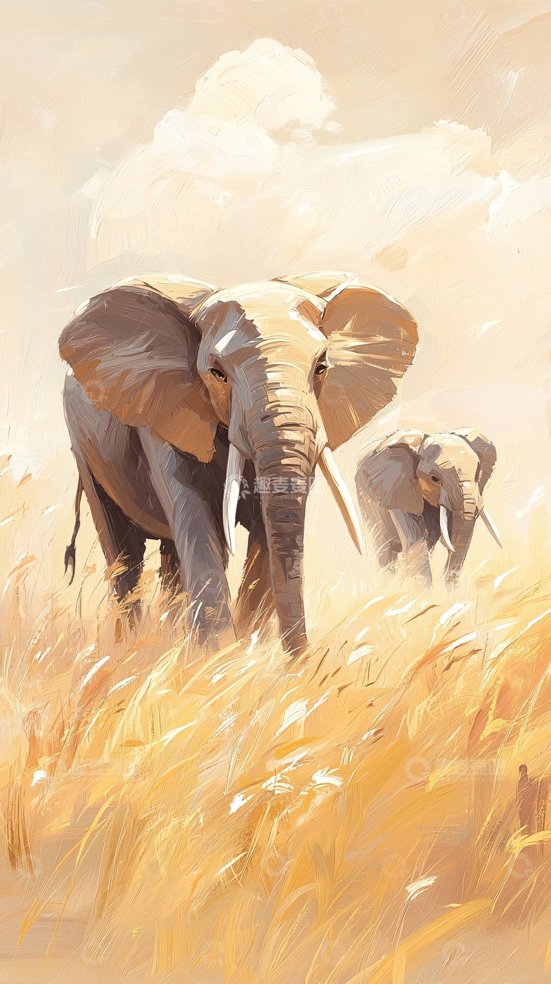 高清大图下载【趣麦麦图】草原上的大象与幼崽