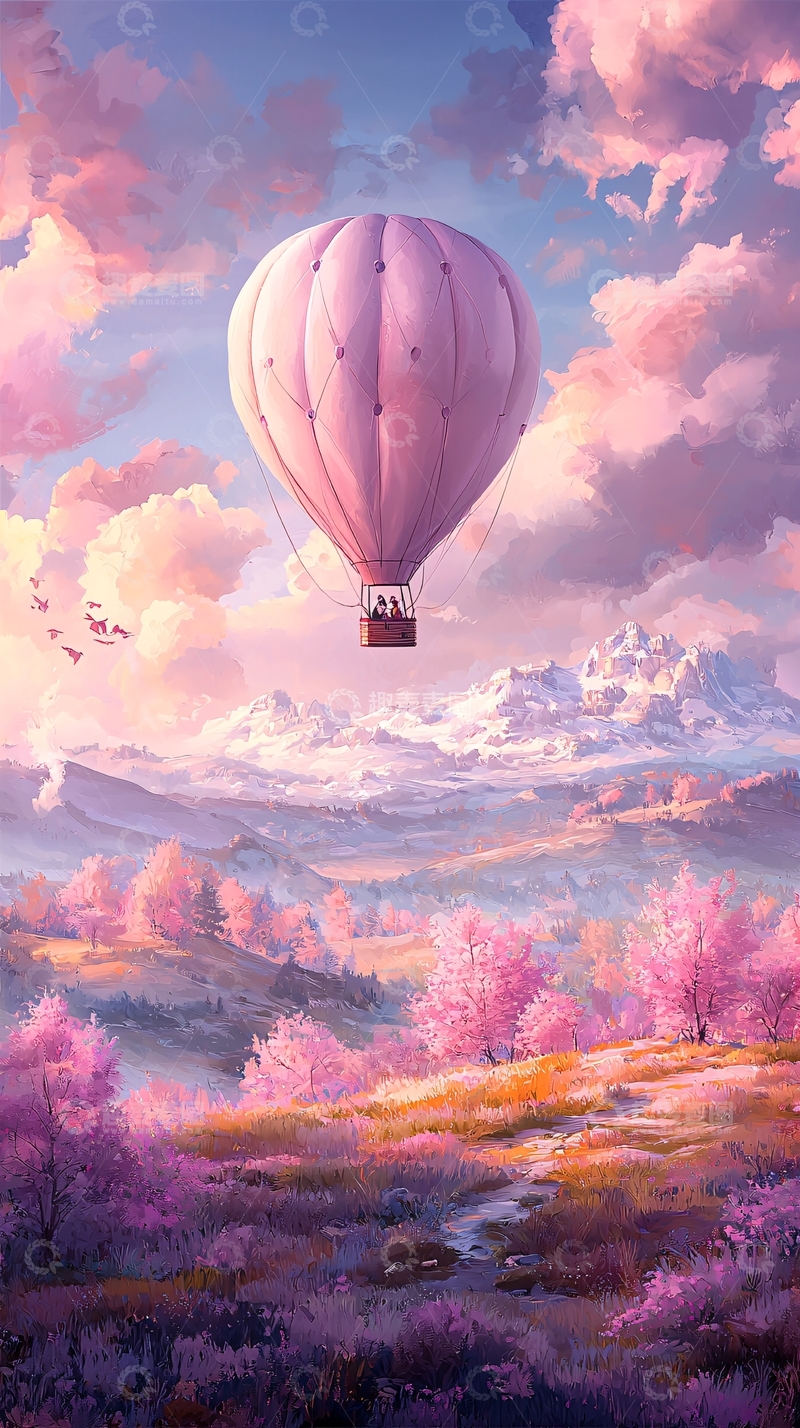 高清大图下载【趣麦麦图】粉色热气球与雪山樱花风景
