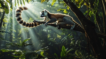 阳光下的狐猴在树上嬉戏