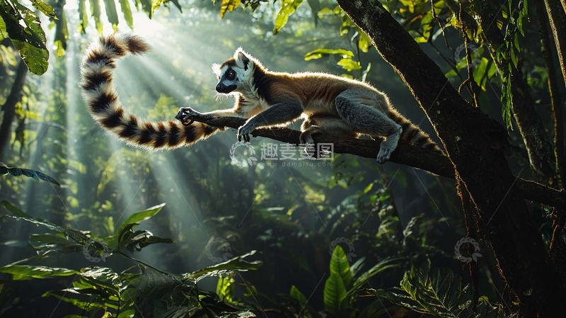 高清大图下载【趣麦麦图】阳光下的狐猴在树上嬉戏