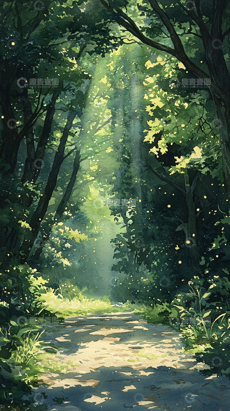 高清大图下载【趣麦麦图】森林小径上的阳光与萤火虫