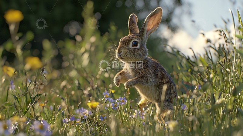 高清大图下载【趣麦麦图】奔跑的兔子在花丛中