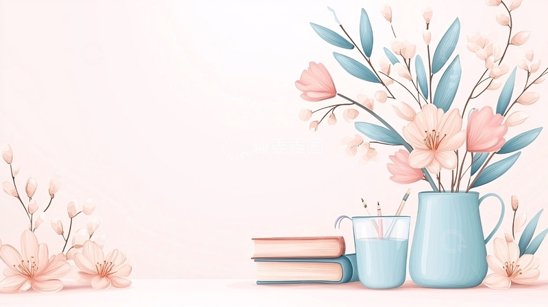 高清大图下载【趣麦麦图】清新花卉与书籍的静谧角落