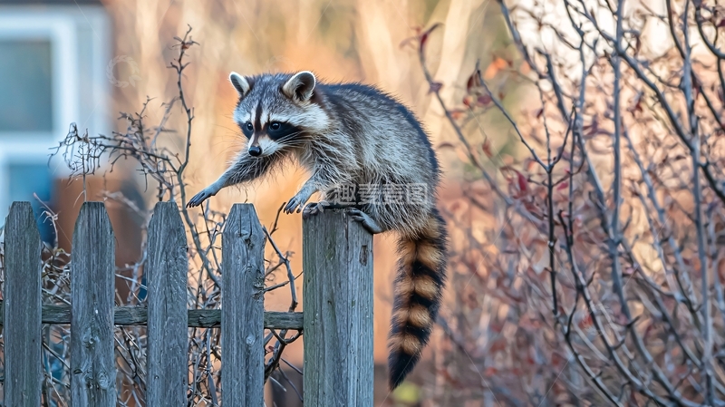 高清大图下载【趣麦麦图】浣熊爬木栅栏