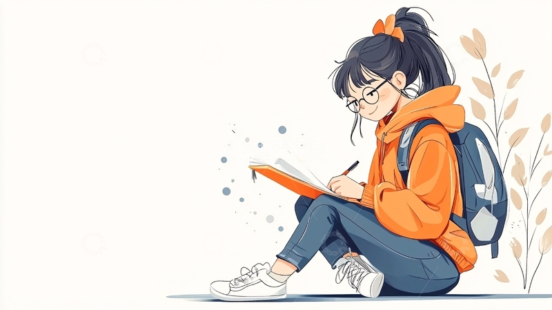 高清大图下载【趣麦麦图】校园女孩写作业插画