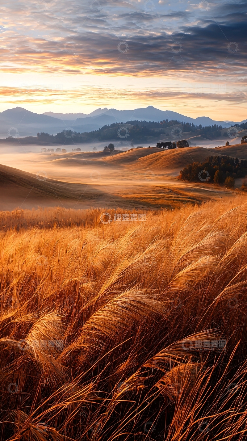 高清大图下载【趣麦麦图】晨雾中的金色麦田