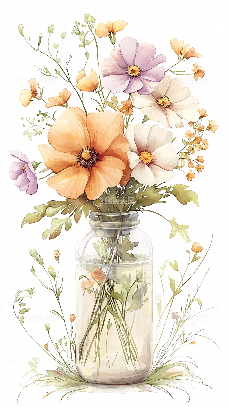 高清大图下载【趣麦麦图】玻璃瓶中的野花插画