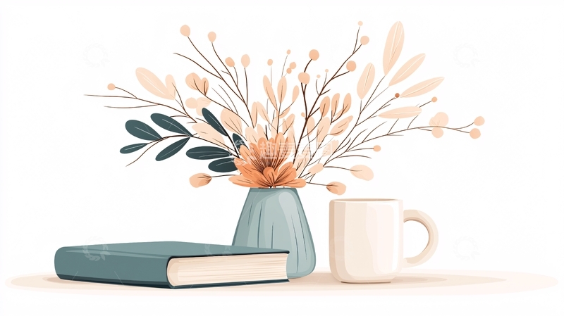 高清大图下载【趣麦麦图】简约花瓶与书籍咖啡杯插画