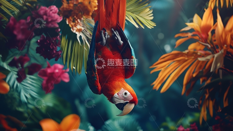 高清大图下载【趣麦麦图】热带雨林中的红绿金刚鹦鹉