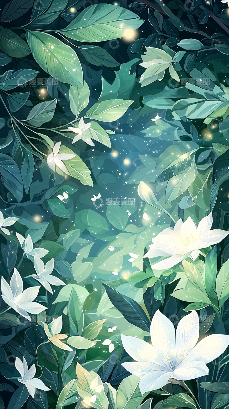 高清大图下载【趣麦麦图】梦幻森林中的白花与萤火虫