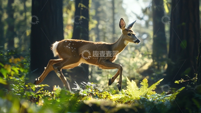 高清大图下载【趣麦麦图】森林中的鹿奔跑场景