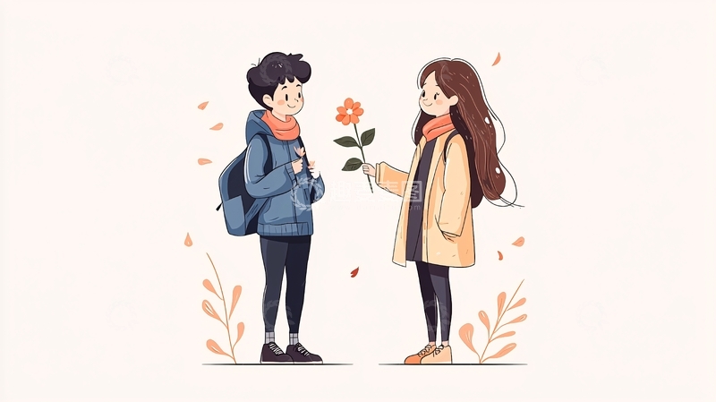 高清大图下载【趣麦麦图】秋日花语：男孩送花女孩微笑