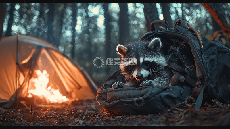 高清大图下载【趣麦麦图】森林露营中的浣熊