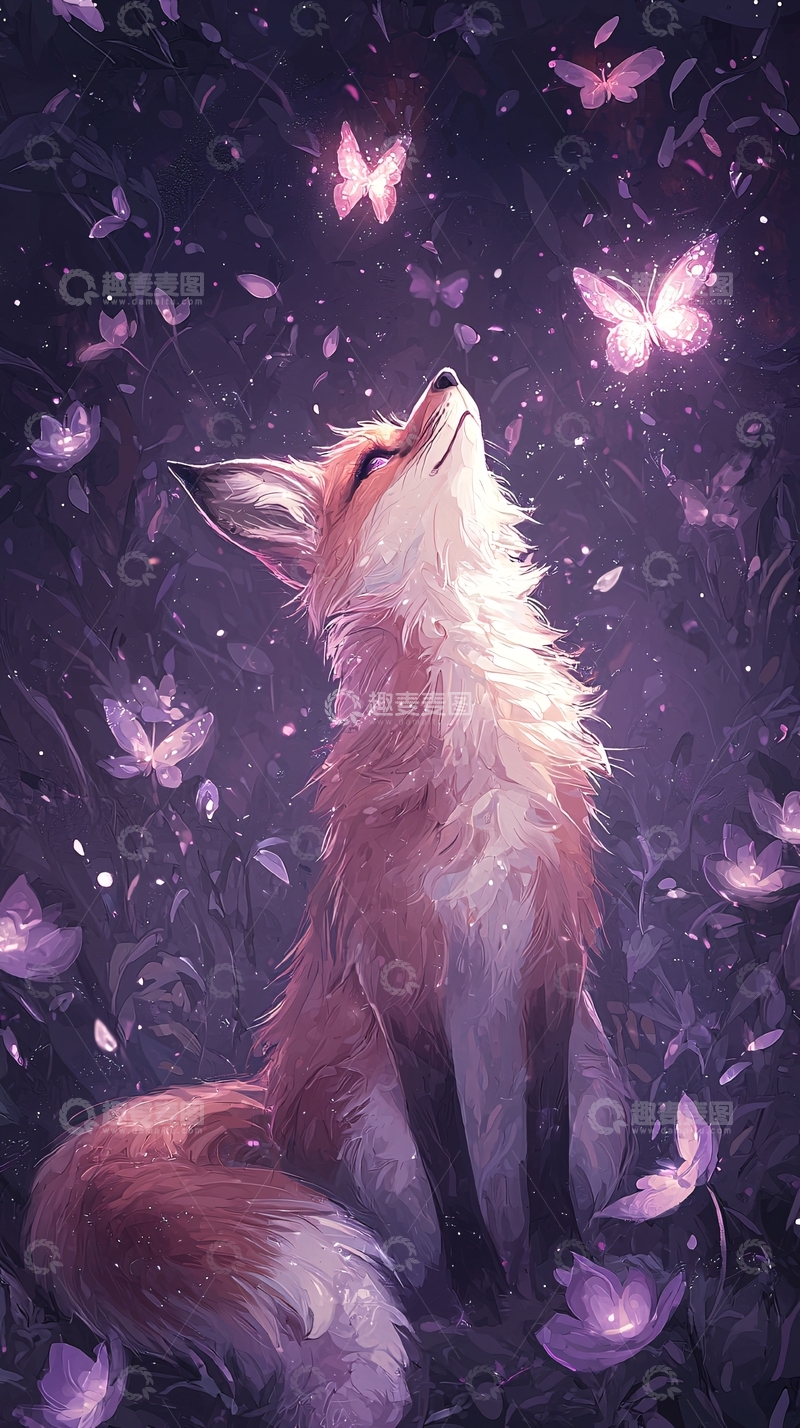高清大图下载【趣麦麦图】梦幻森林中的狐狸与蝴蝶
