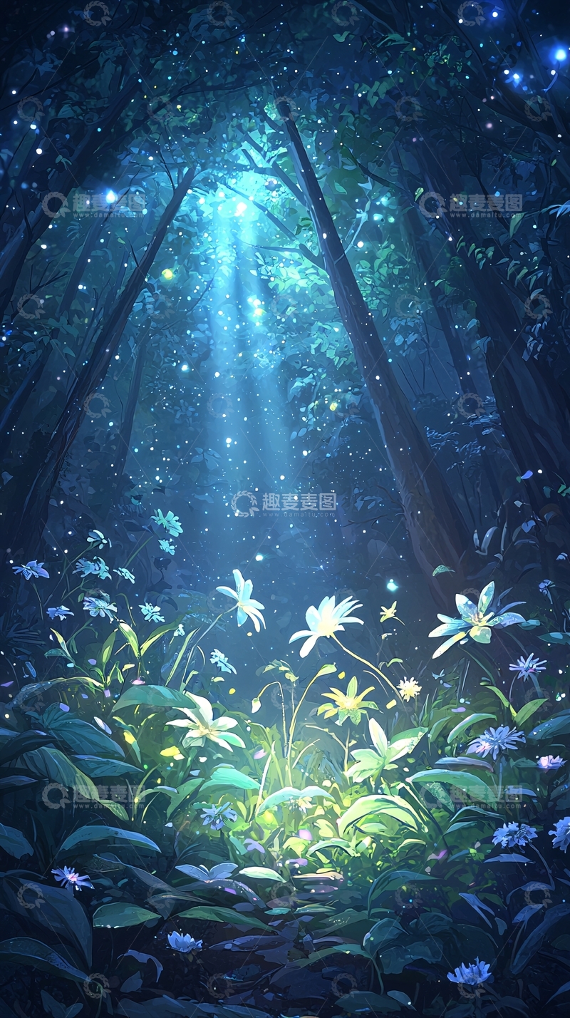 高清大图下载【趣麦麦图】梦幻森林光束下的花朵