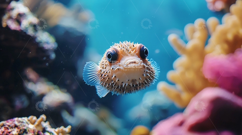 高清大图下载【趣麦麦图】海中刺鲀鱼与珊瑚礁