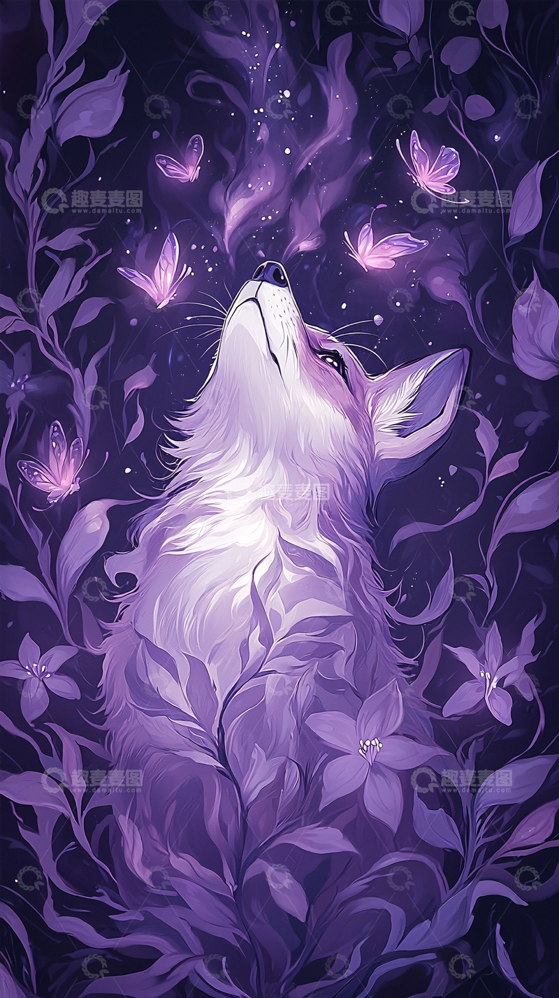 高清大图下载【趣麦麦图】紫色梦幻森林中的狼与蝴蝶